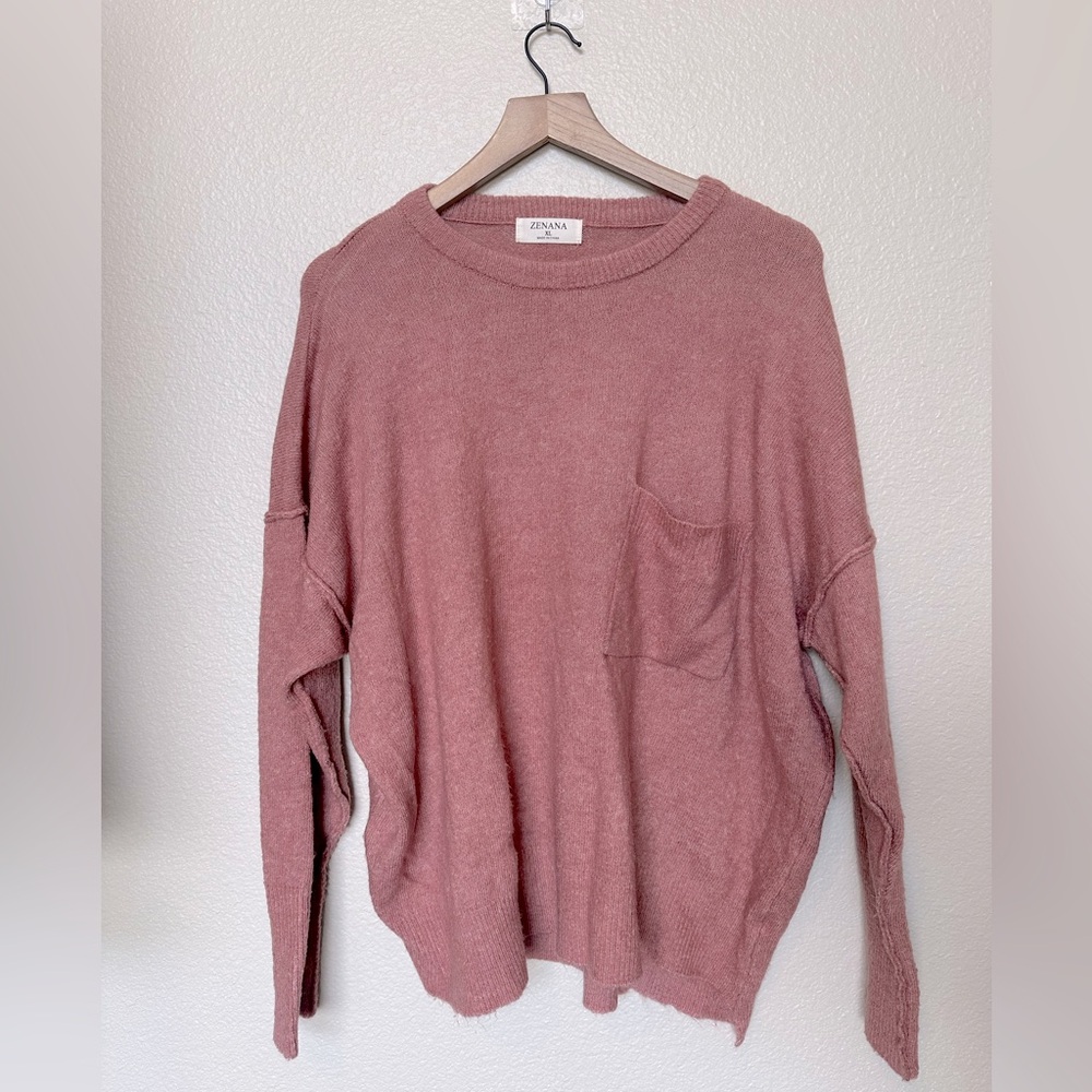 Zenana Dusty Pink Knit Pocket Sweater – Size XL | VGUC